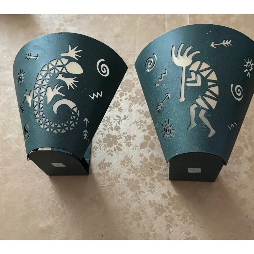 Vintage Wall Sconce Candle Holders Pair Teal Arizona Kokopelli Lizard metal